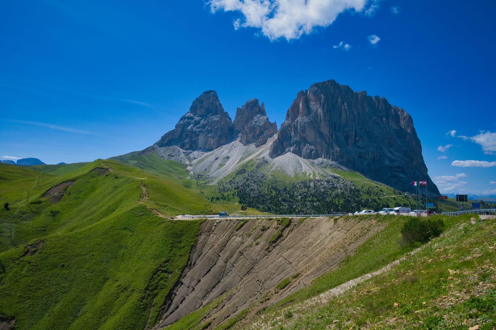 Breathtaking summer view of the Sassolungo mountain range in Val Gardena, Italy. — photograph by Domenico Adornato on Pexels