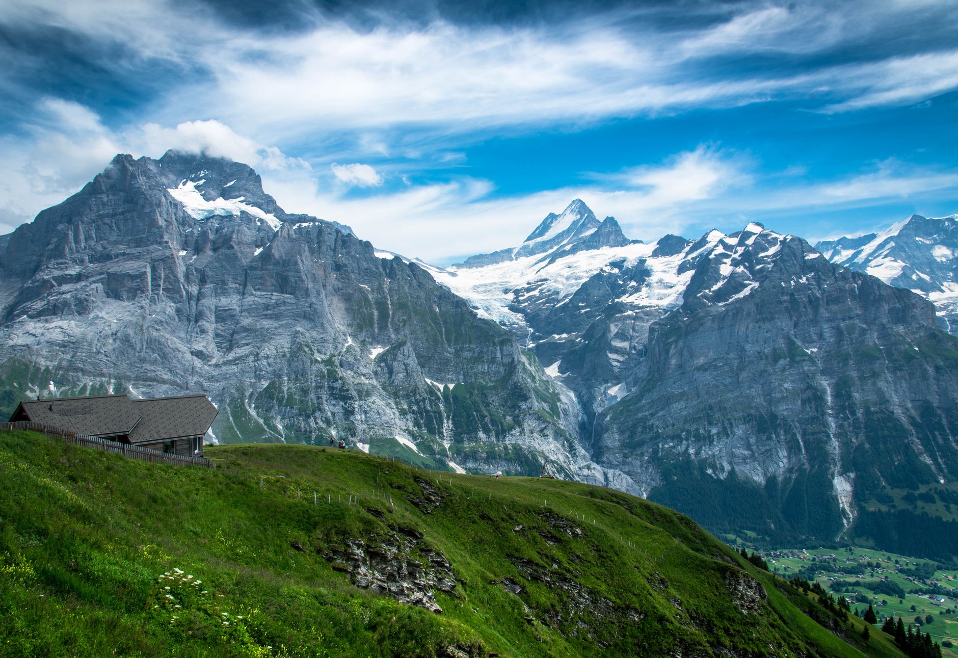 Breathtaking view of the Eiger Mountain in Grindelwald, Switzerland with lush meadows and clear skies. — photograph by Christopher Becke on Pexels